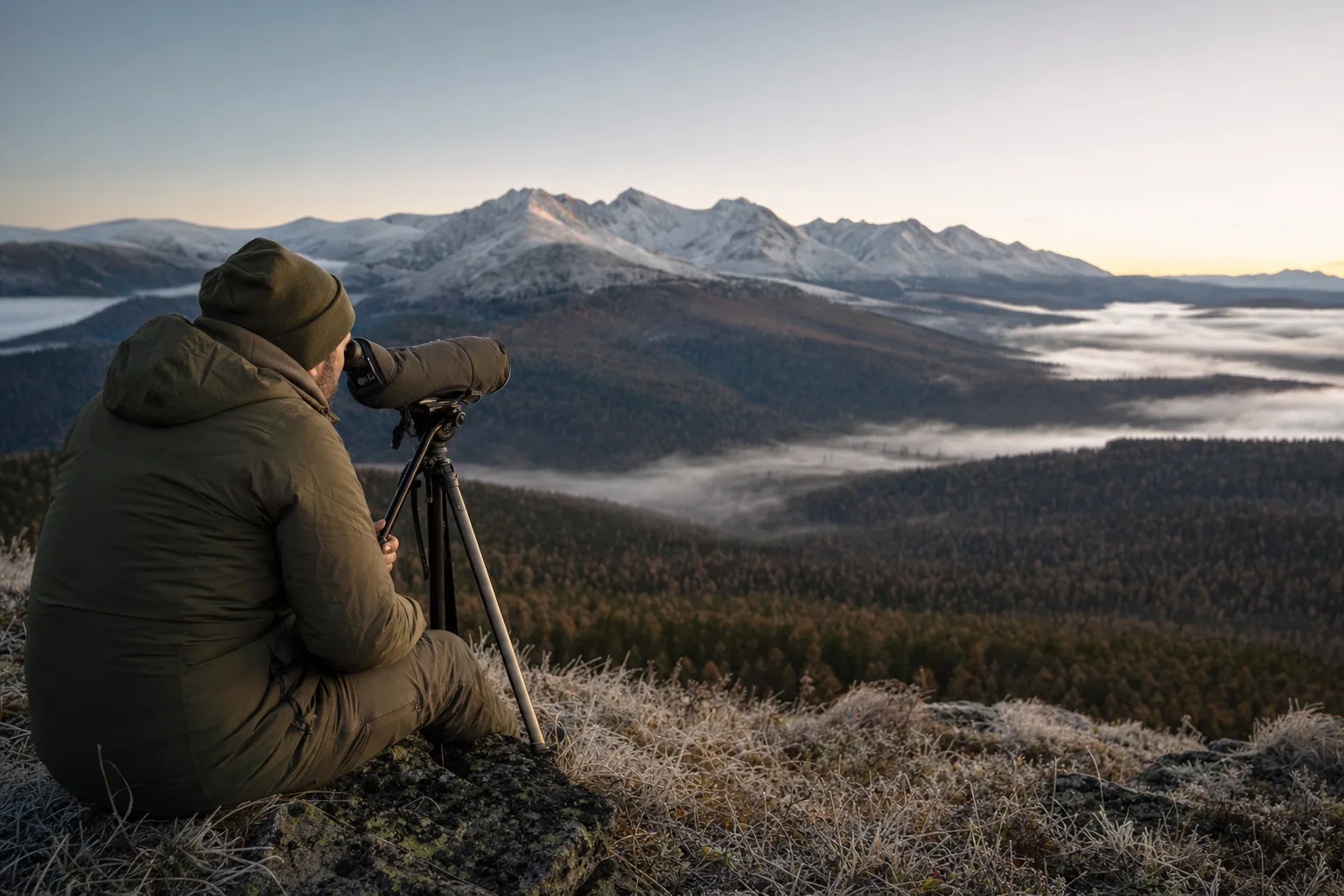A guide glassing a wide mountain basin at dawn